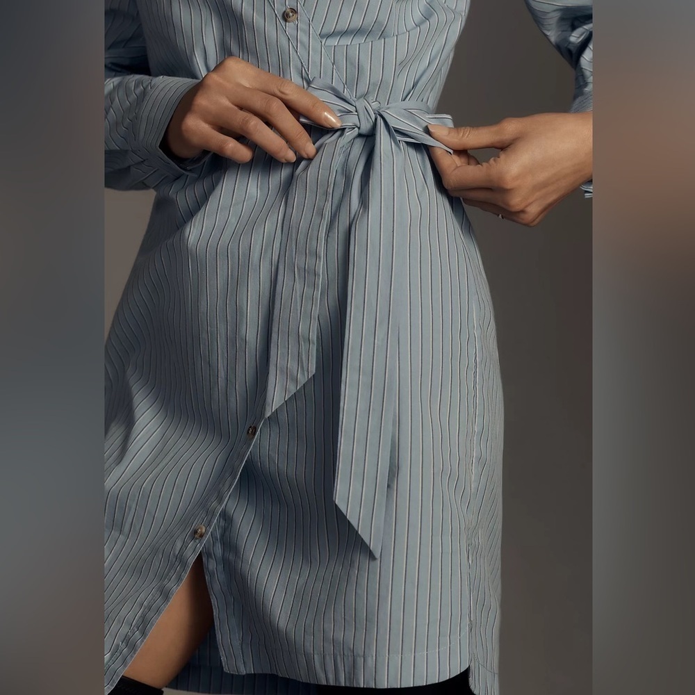 Anthropologie Blue Stripe Layered Button Front Shirt Dress Cold Shoulder L NWT - Picture 3 of 4